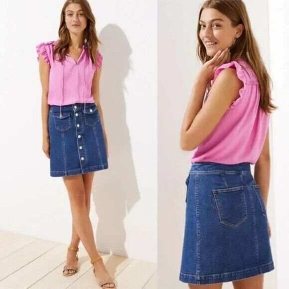 Loft Jean Mini Skirt Size 0 Womens Blue Denim Button Front High Rise Medium Wash - Picture 1 of 14